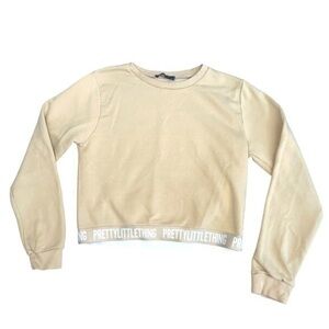 PRETTYLITTLETHING TAN SWEATER WITH WHITE LOGO BANDING